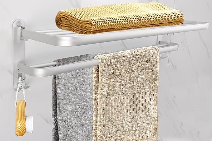 Towel Rack for Bathroom, Bath Towel Holder with Double Towel Bar and Foldable Towel Shelf, Rustproof Towel Organizer Wall Mounted Towel Storage Hanger for Bath/Balcony/Lavatory (16In Silver)