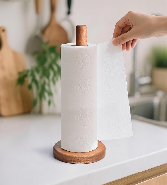 KitchLife Acacia Wooden Paper Towel Holder Countertop - Freestanding Paper Towel Dispenser Stand Organizer with Anti-Skid Base