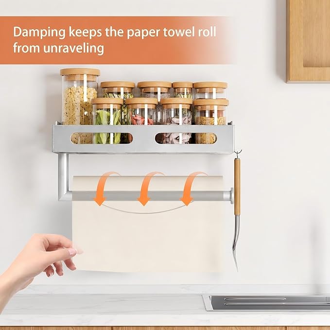 Paper Towel Holder Wall Mount with Shelf, Easy One Hand Tear, Adhesive Glue or Drill Mount Hanging Paper Towel Holder with Shelf for Kitchen/Bathroom/RV, Silver Metal, 4 Hooks