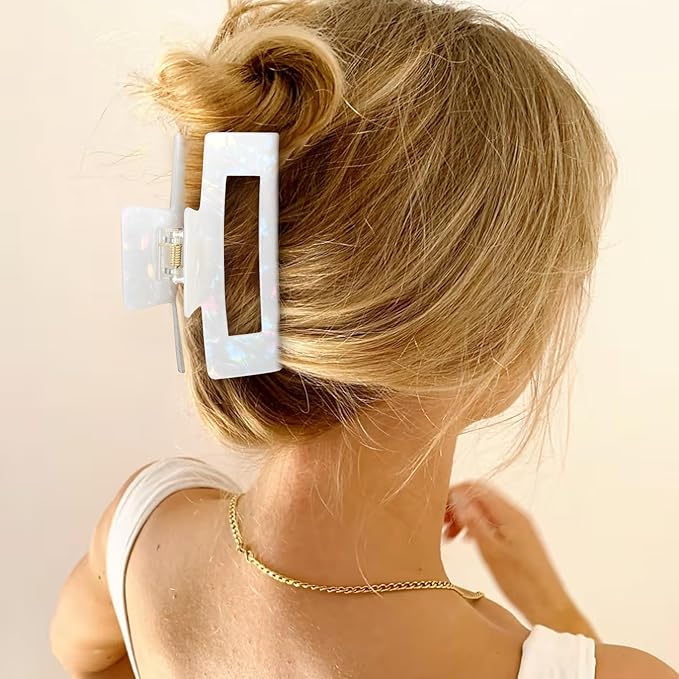 3PCS Large Hair Claw Clips for Thick Hair - 4 Inch Acrylic Strong Hold Non-Slip Barrettes Hair Clamps for Women - Big Rectangle Hair Clips for Curly Hair, Updo, Bun, Ponytail (white&blue&pink）