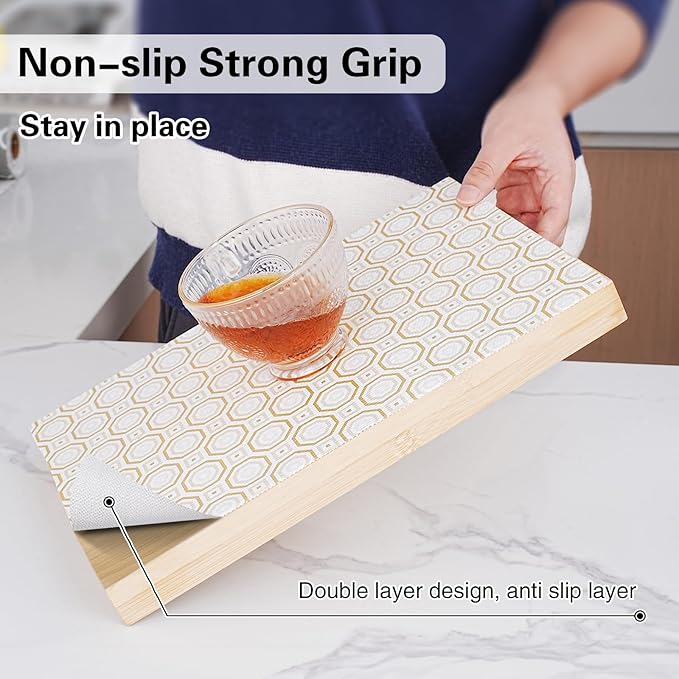 Drawer and Shelf Liner for Kitchen Cabinet,Non-Adhesive Cabinet Liner 24in x 10FT,Waterproof Shelf Paper Non-Slip Mats Cupboard Liners Contact Protect Dresser/Shelves/Table-Gold Octagonal
