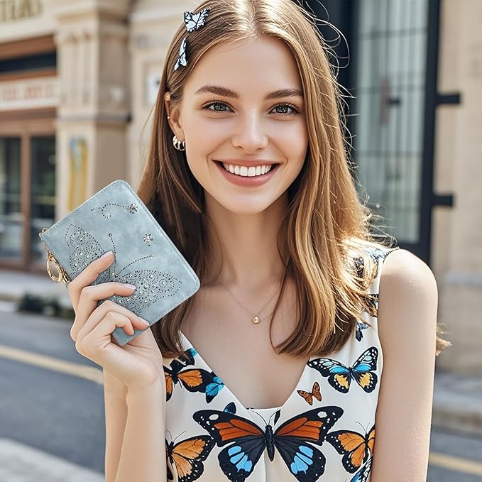 Women RFID Blocking Small Bifold Wallet, Compact Cash Clutch with Zipper Coin Pocket, Glittery Butterfly Design, Credit Card Holder, Travel Purse with Tassel BLUE