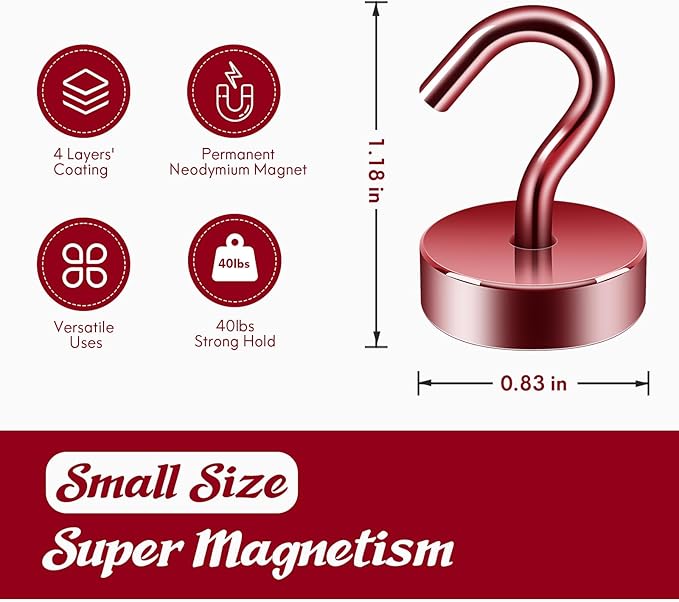 Neosmuk Magnetic Hooks, Cruise Ship Essentials, 40lb+ Heavy Duty Magnetic Hooks for Cruise Cabins, Refrigerator, Grill, Hanging, and Travel | Extra Strong Must-Haves Magnet Hook,Red,Pack of 20