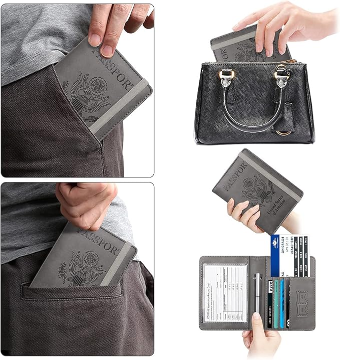 WALNEW Passport Holder for Travel, RFID Passport Cover Wallet for Women Men, PU Leather Passport Book Card Holder Case with Pen, Travelling Essentials for Flying