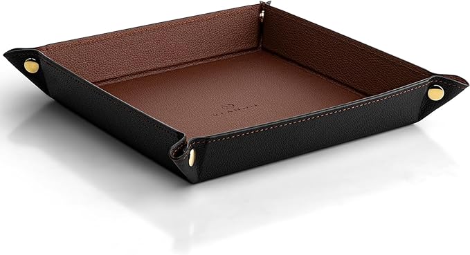 Valet Tray for Men Women, Nightstand Organizer Vanity Catchall Holder for Dresser Desk Storage Bedside, Travel PU Leather Jewelry Key Bowl Coin Watches and Candy Entryway Tray - Large, Brown