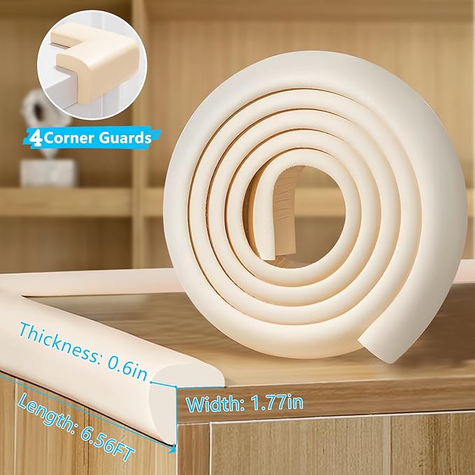 Baby Proofing Edge & Corner Protectors, 1 Roll White Foam L-Shape Self-Adhesive Bumper Strip + 4 Corner Guards, Wall & Furniture Safety Bumpers for Nursery, Kitchen, Fireplace, Table, Desk