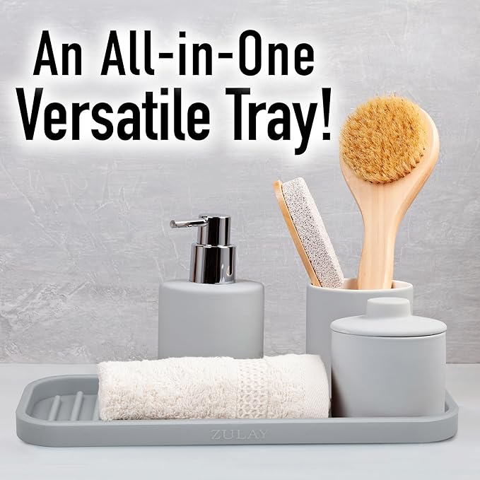 Zulay Kitchen (9x3.5) Silicone Sponge Holder for Kitchen Sink - Flexible Multipurpose Soap Tray - Sink Organizer for Kitchen, Bathroom, Makeup, Trinkets & More (Grey)