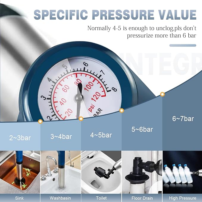 High Pressure Toilet Plunge, Power Toilet Plunger Drain Clog Remover, Multi-Drain Unclogger For Toilets, Bathroom, Sink, Floor & Kitchen Clogs, Stainless Steel Design With Real-Time Pressure Gauge