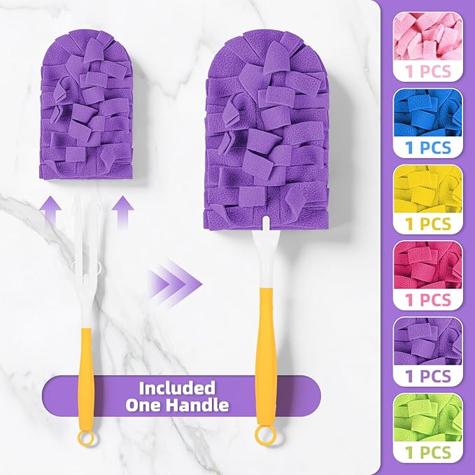 6 PCS Fleece Reusable Duster Refills for Swiffer, Washable Heavy Duty Duster Pads, 360 Cleaning Pads for Fan, Window, Furniture, Floor(Include 1 Handle)