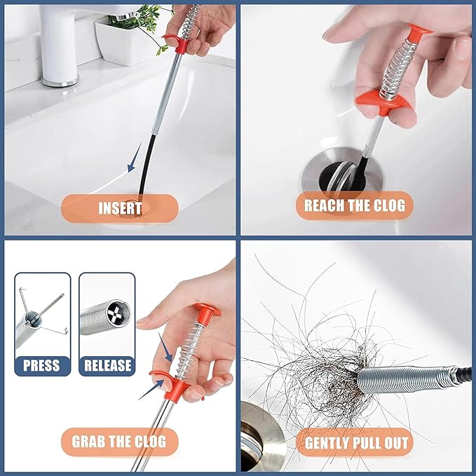 Drain Snake, Bendable Hose Stainless Steel Sewer Clog Removal Tool for Kitchens, Bathrooms, Showers and Tubs Flexible Gripping Claw Picker Tool (34 Inch)