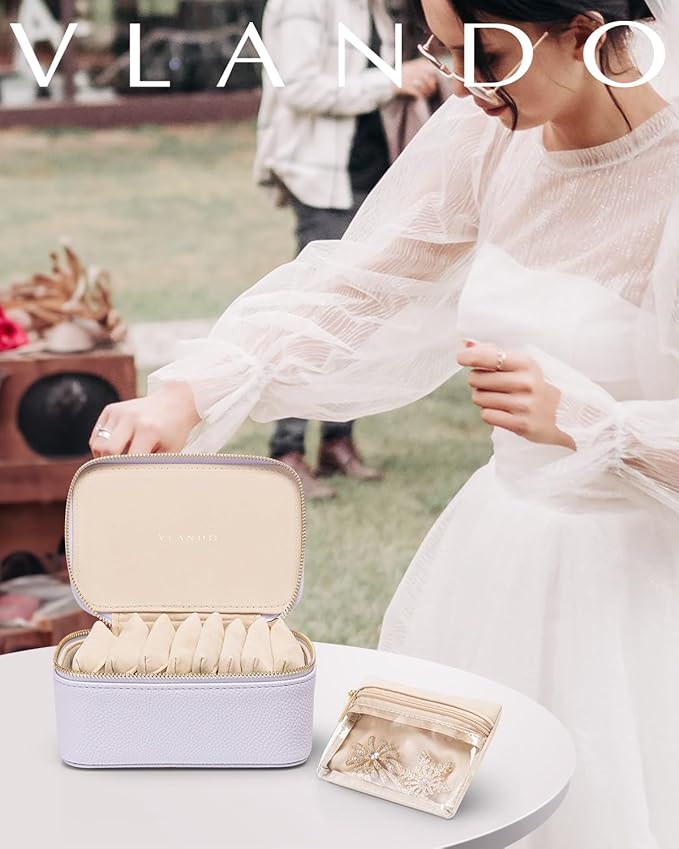 Vlando Travel Jewelry Case with 8 Velvet Jewelry Bags Travel Jewelry Storage Box Jewelry Organizer for Necklace Rings Earrings Teen Girls Gifts Trendy Stuff -Purple