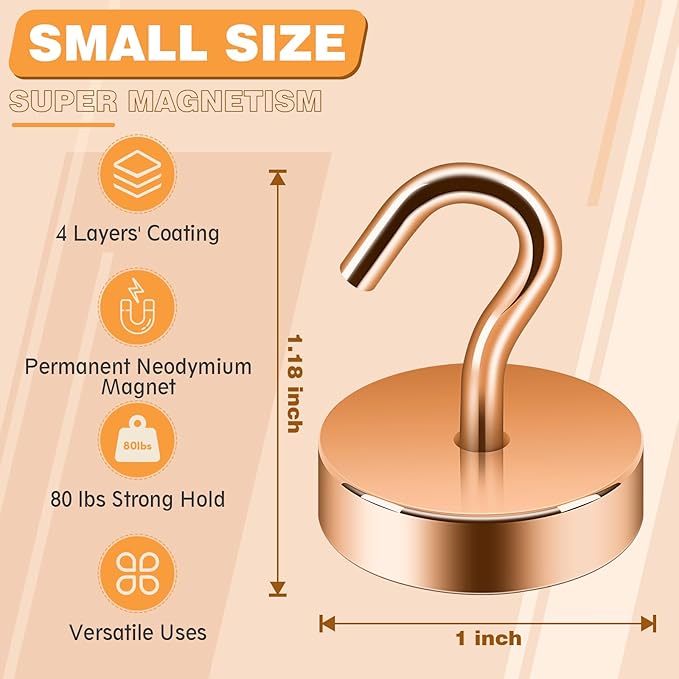 Neosmuk Magnetic Hooks, Cruise Ship Essentials, 80lb+ Heavy Duty Magnetic Hooks for Cruise Cabins, Refrigerator, Grill, Hanging, and Travel | Extra Strong Must-Have Magnet Hook, Bronze