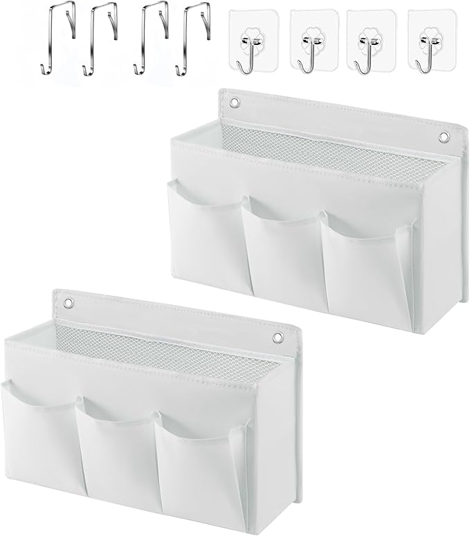 2-Pack Hanging Storage Baskets - Wall Organizer with 3 Pockets for Home/Dorm/Closet/Door, Multi-Purpose Space Saver for Office/Bathroom/Nursery - Foldable Fabric Organizer (White)