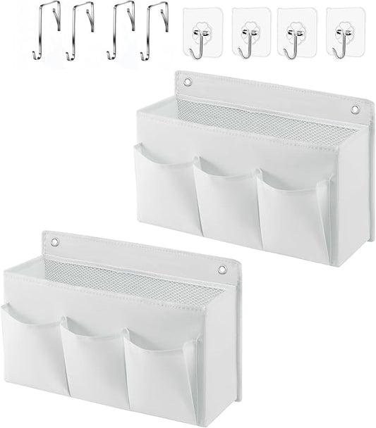 2-Pack Hanging Storage Baskets - Wall Organizer with 3 Pockets for Home/Dorm/Closet/Door, Multi-Purpose Space Saver for Office/Bathroom/Nursery - Foldable Fabric Organizer (White)
