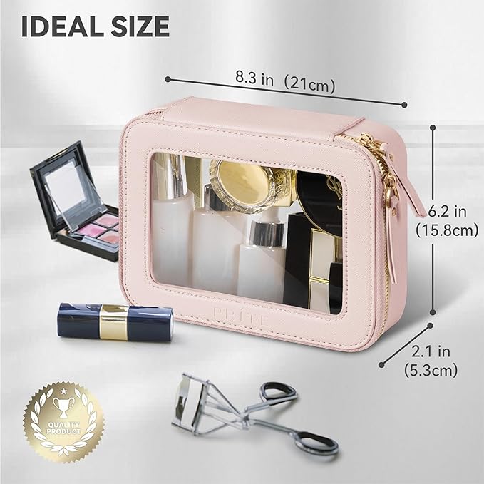 Prite Clear Makeup Bag Cosmetic Organizer Case Waterproof Travel Toiletry Bag Skincare Pouch with Golden Zipper (Pearlescent Pink)