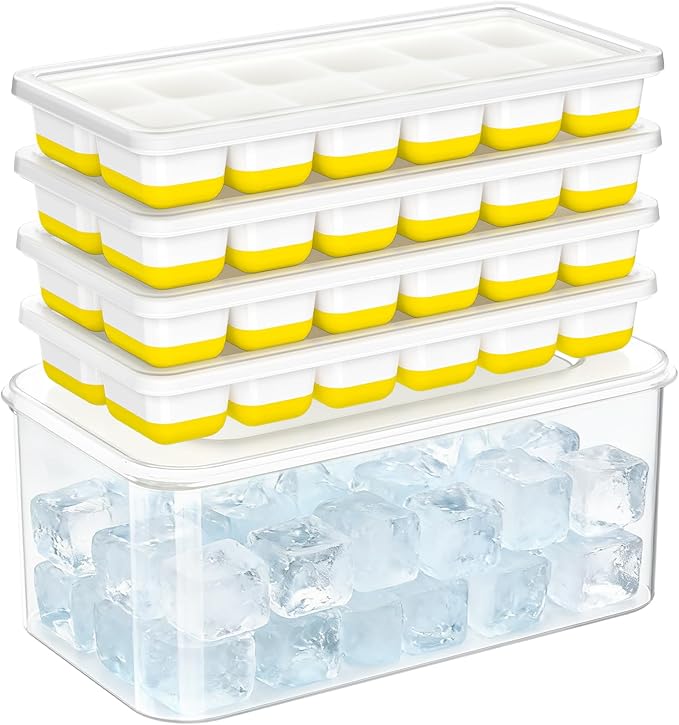 NFK Ice Cube Tray with Lid & Bin - 4 Pack 48 Cubes Stackable Silicone Trays for Freezer with Storage Container, Leak-Proof Lids, BPA-Free, Easy Release for Kitchen, RV, Party, Cocktail & Coffee
