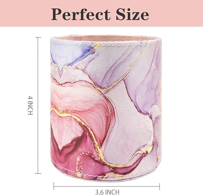 WAVEYU Pen Holder for Women Girls, Pencil Cup Pink Desk Decor, Makeup Brush Holder Large Pu Leather Multi-Functional Organizer Cup for Office, Classroom, Home, Colorful Marble