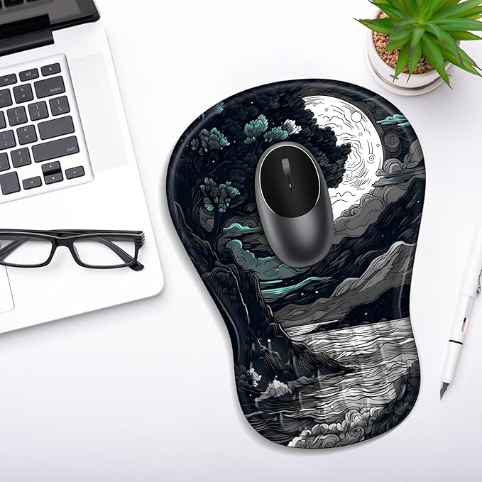 YIWEI Ergonomic Mouse Pad with Wrist Rest - Comfortable Office Mousepad with Memory Foam Wrist Support for Carpal Tunnel Relief, Mouse Pads with Non-Slip Base for Gaming and Home (Moon-2)