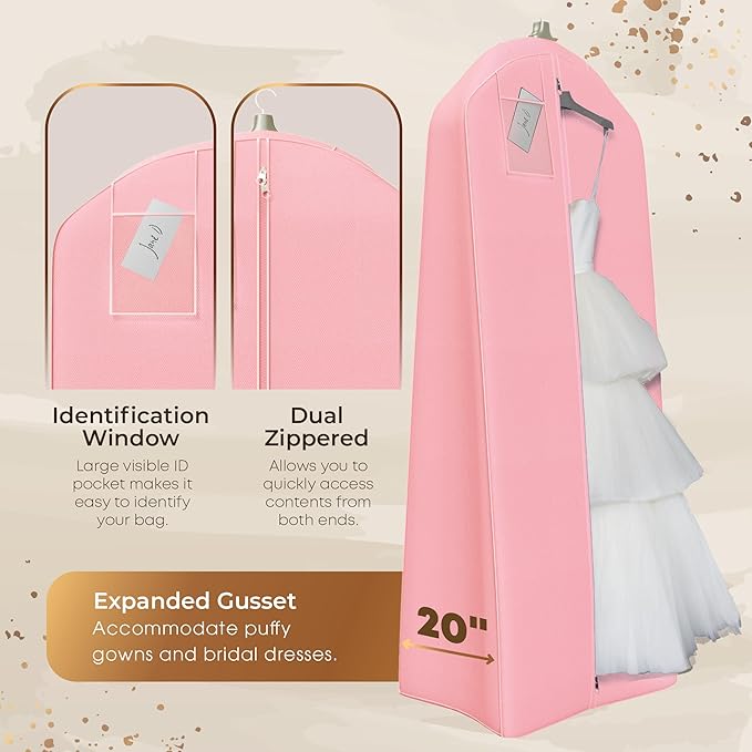 Your Bags Wedding Dress Garment Bag – 72" Garment Bags for Hanging Clothes with 20" Gusset for Puffy Gowns – Durable Dress Cover for Travel or Storage – Rip-Resistant with ID Window - Lt Pink