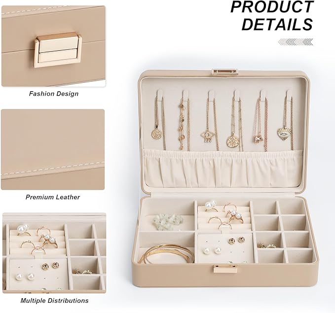 Leather Jewelry Box Elegant Small Jewelry Chest for Women Gift Box for Necklace, Ring, Earring Storage Portable Design for Travel & Home Use Apricot