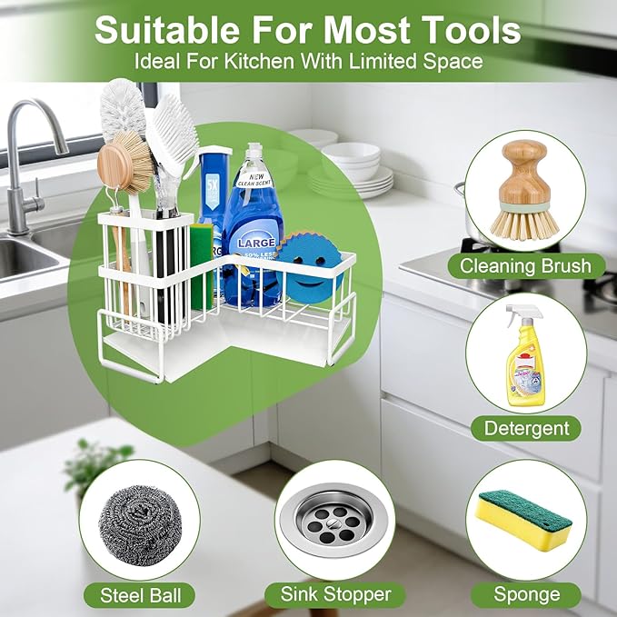 Fikoksol Large Sponge Holder for Kitchen Sink, 90-Degree Sink Caddy Organizer with Dish Brush Holder for Countertop Corner Storage Rack, Metal L Kitchen Sink Sponge Soap Organizer Storage Idea (White)