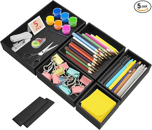 5PCS Bamboo Drawer Organizer Set with Adjustable Dividers,Stackable Kitchen Bathroom Office Desk Organizer Storage Box Container Trays for Utensils, Makeup, Silverware,Non-Slip Silicone Pads