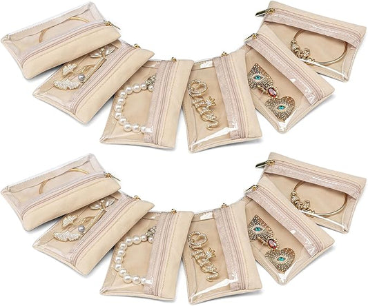 Vlando Jewelry Travel Case, Travel Jewelry Organizer with Clear Velvet Jewelry Bags Zipper Pouch for Women Girl Gift 12Pcs Bag