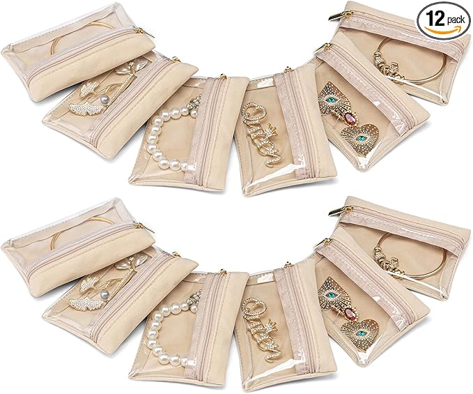 Vlando 12 Pcs Travel Jewelry Organizer Velvet Jewelry Pouch with Zipper Clear Travel Jewelry Bag for Travel Business Trip Mother‘s Day Gift for Mom Wife Women