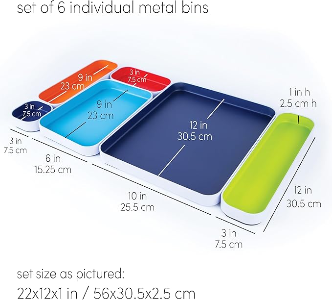 Three by Three Seattle 10-Piece Metal Organizer Tray Set for Storing Makeup, Stationery, Utensils, and More in Office Desk, Kitchen and Bathroom Drawers (2 Inch, Assorted Colors)