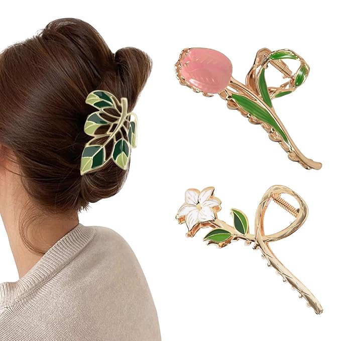 3-Piece Flower Metal Hair Accessories: Pink Tulip Floral Hair Claw, Elegant Lily Barrettes, Cute Leaves Hair Clips for Thin/Medium Thick Hair with Strong Hold and Non-Slip Design