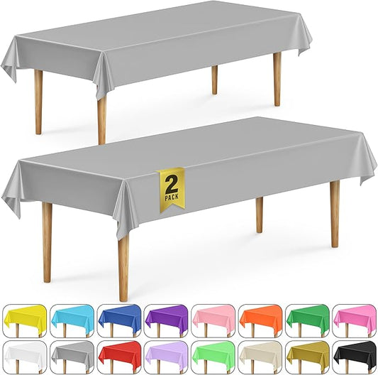 DecorRack 2 Rectangular Tablecloths BPA-Free Plastic, 54 x 108 inch, Dining Table Cloth, Rectangle Table Cover for Parties, Picnic, Camping and Outdoor, Disposable or Reusable, Silver (2 Pack)