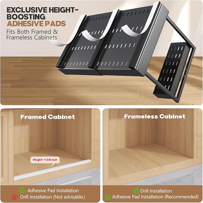 1-Pack L-Shape Expandable Under Sink Organizer with 3 Ball-Bearing Slide Rails, 2-Tier Pull-Out Under Cabinet Storage Shelf for Kitchen & Bathroom, Height-Adjustable Slide-Out Cabinet Drawer - Black