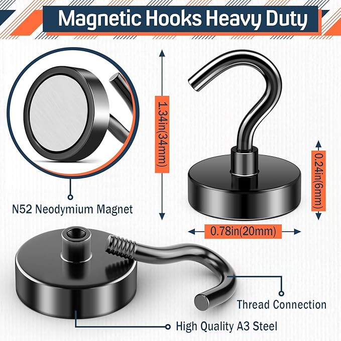 FINDMAG Black Magnetic Hooks, 50lbs Magnet Hooks for Hanging, Magnetic Key Holder for Fridge, Magnets for Classroom, Grill, Camper Accessories, Beach Vacation Essentials, Office Supplies, 10 Pack