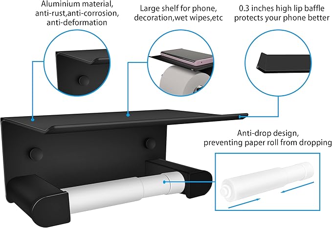 D&Joy Bathroom Toilet Paper Holder, Matte Black Adhesive or Screw Wall Mounted Tissue Holder with Shelf, Aluminum Toilet Roll Holder with Spring Loaded Roller for Bathroom Kitchen