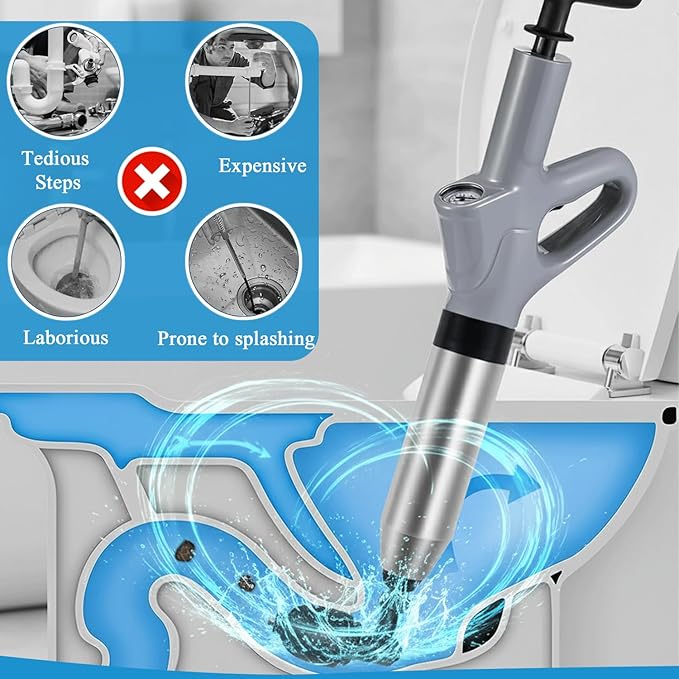 Toilet Plunger, High Pressure Toilet Plunger with Gloves,2 Hair Snake,2 Hair Filters, Toilet Auger Air Drain Blaster with Real-Time, Heavy Duty Plunger for Bathroom and Kitchen Plumbing Clogs