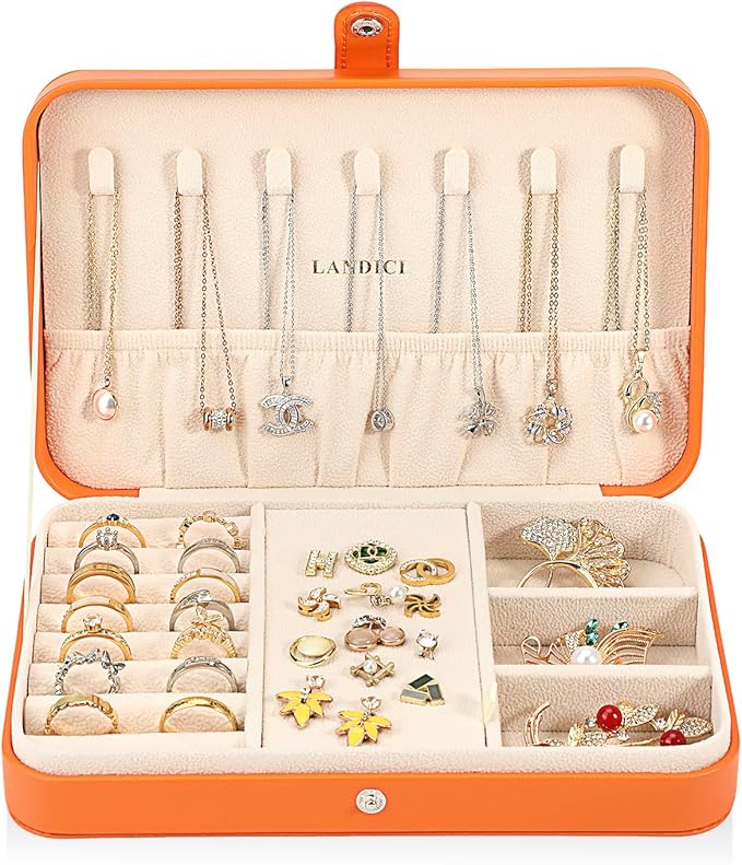 LANDICI Small Jewelry Box for Women Girls, PU Leather Travel Jewelry Case, Portable Jewelry Organizer Storage Holder Display for Ring Earrings Necklace Bracelet Bangle Men Kids Gift, Orange