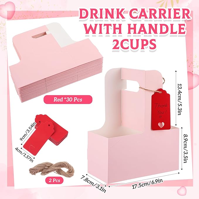 MotiMind 30 Pack Mother's Day 2 Cup Drink Carrier with Handle, Kraft Paperboard Teacher Cup Holder Portable for Hot Cold Drinks, Coffee Carrier Gift with Heart Card Rope (Pink)
