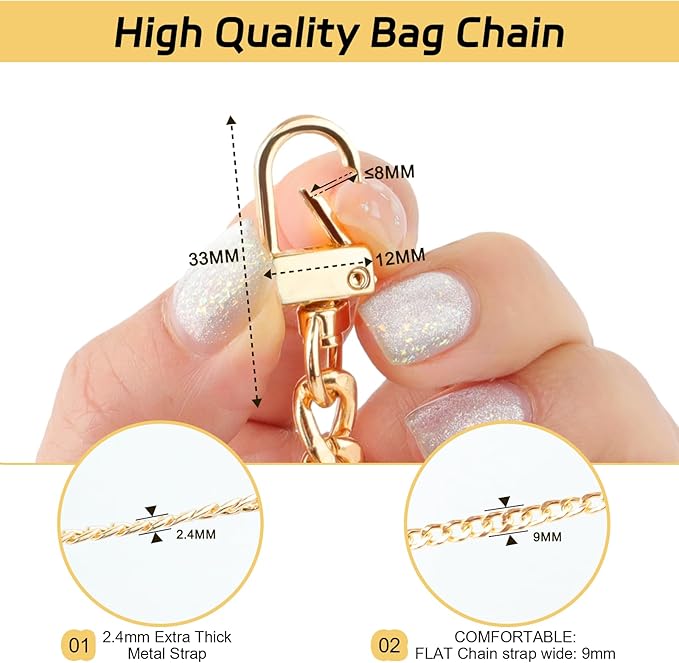 Gold Purse Chain Strap, 43.3 Inch Replacement Bag Strap, Metal Braided Chain for DIY Handbag Shoulder Crossbody Bag