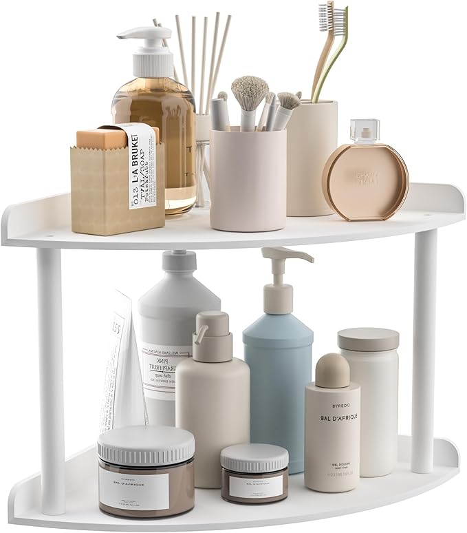 2 Tier Acrylic Corner Shelf Organizer Storage 9.5x9.5x8 Inch, White Countertop Corner Shelf for Bathroom, Kitchen, Bedroom, Office, Study Room