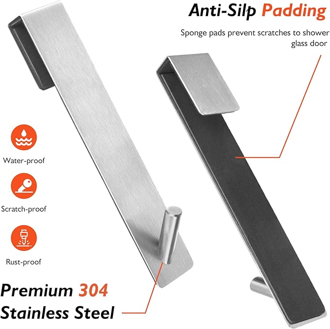 Kontoyo Shower Door Hooks (7.5 Inch), Extended Over Door Hooks for Bathroom Frameless Glass Shower Door, Stainless Steel Towel Hooks, Heavy Duty Rack Hooks for Robe, Towel - 2 Pack - Silver