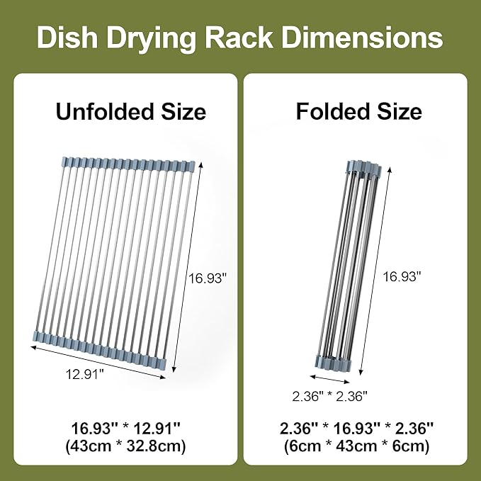 Roll Up Dish Drying Rack Over Sink Silicone Wrapped 304 Square Stainless Steel Dish Drainer Sink Counter Kitchen Home RV Essentials Foldable Sink Organizer,16.93" L×12.91" W,Grey