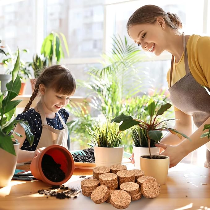Boocalny 50 Pcs Invisible Plant Pot Feet Risers with Non Slip Surface, 2“ Dia×0.6” Cork Plant Pot Feet Lifter for Outdoor Planters, Solid Corkwood Planter Feet for Indoor Plants Flower Pots