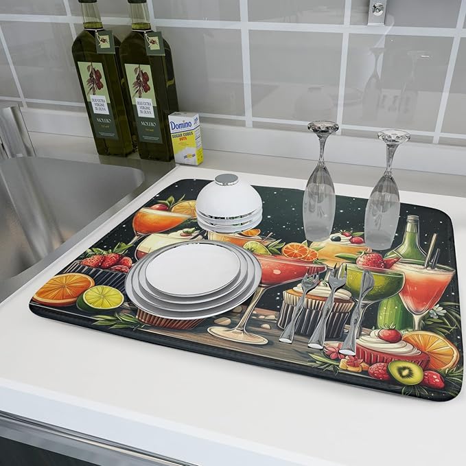 Wine Glass Dish Drying Mat - Summer Party Absorbent Microfiber Kitchen Drying Pad for Counter Decoration