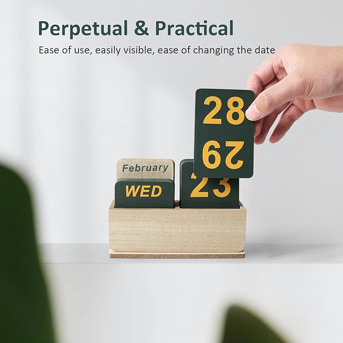 Wooden Block Perpetual Calendar for Desk, Daily Desktop Standing Flip Calendar with Large Display, Modern Farmhouse Aesthetic Desk Accessory for Home Office Decor, Reusable Yearly, Wood Grain