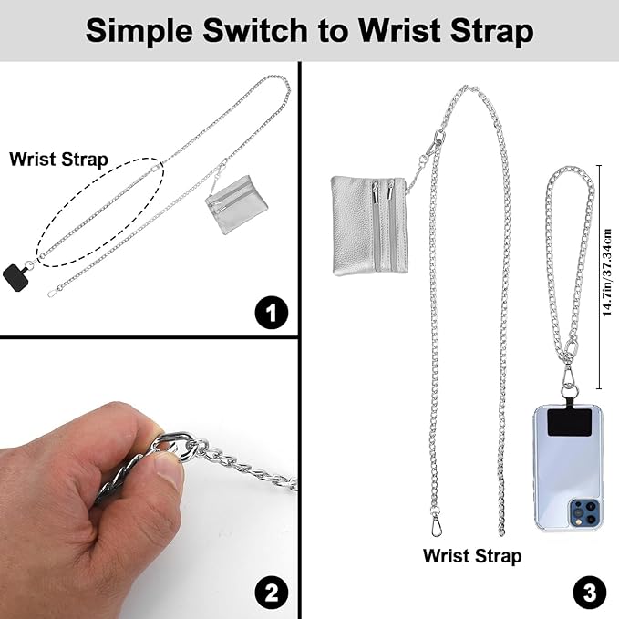 XANGNIER Clip and Go Strap for Phone with Wallet Crossbody, Phone Strap with Zippered Wallet, Adjustable Anti-Theft Cellphone Lanyard for Women, Cellphone Chain Accessories, Chain Silver