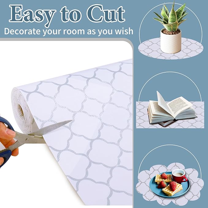 Shelf Liners for Kitchen Cabinets 12in x 20FT Non Adhesive Drawer Liner Silver Quatrefoil Shelf Liner Paper Strong Non-Slip Easy to Clean for Tool Box Refrigerator with Knife and Tape Measure