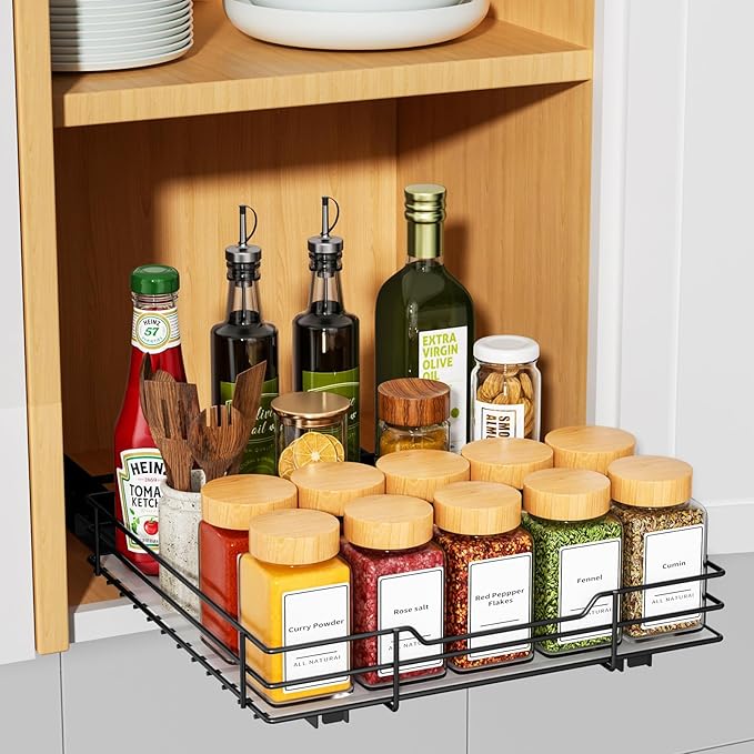 RCHYFEED Pull Out Spice Rack Organizer for Cabinet, Slide out Spice Organization for Inside Cabinets, Heavy Duty Seasoning Organizer Fits Kitchen and Pantry, Sauces, Canned (10.5''Wx10.5''Dx2.5''H)