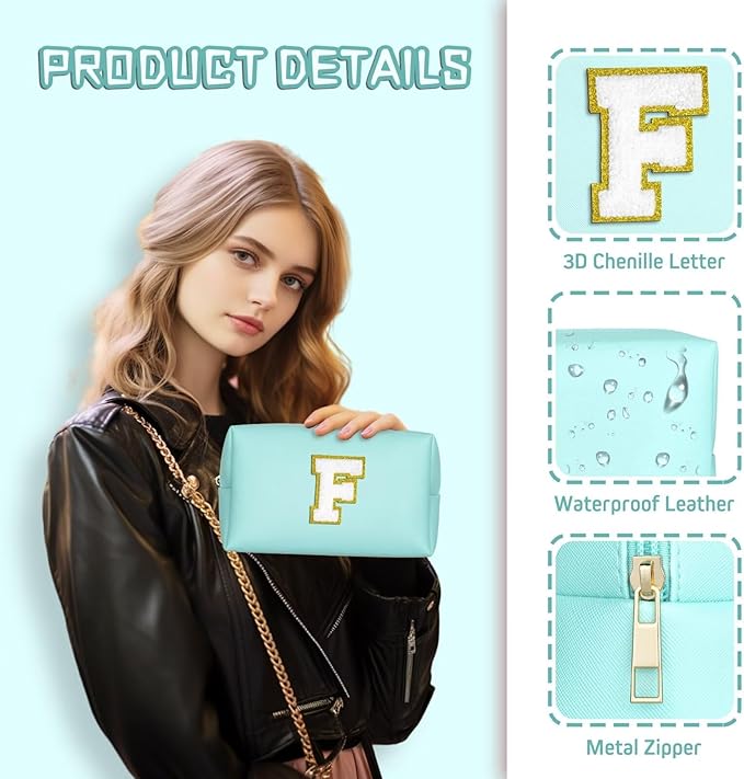 TOPEAST Preppy Makeup Bag, Personalized Initial Bags with Zipper, Cute Makeup Pouch, PU Leather Waterproof Cosmetic Bag, Birthday Gift for Daughter, Preppy Things for Girls (Blue A)