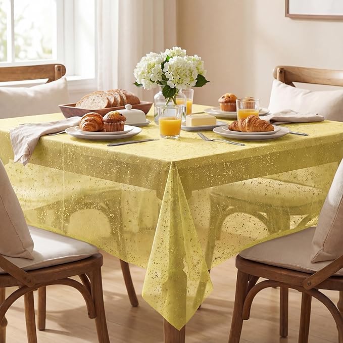 Horaldaily Yellow Gauze Tablecloth 52x70 Inch Rectangular, Golden Sequin Glitter Metallic Foil, Sheer Tulle Cheesecloth for Wedding Baby Shower Ceremony Birthday