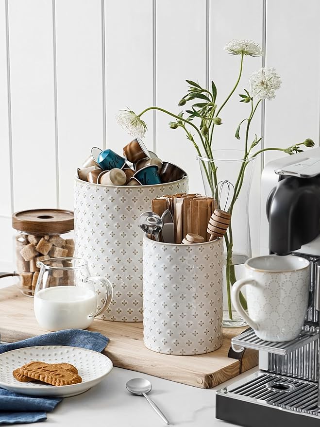 LE TAUCI Utensil Holder for Kitchen Counter - 7.1" Large Ceramic Utensil Crock, Cooking Utensil Organizer for Spatula, Spoon, Whisk - Farmhouse Kitchen Countertop Storage, Embossed, Clover